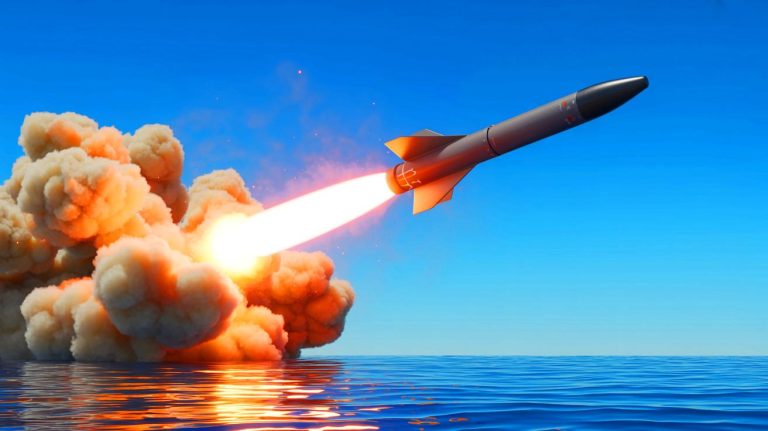 Illustration de la marine américaine testant un missile à statoréacteur à carburant solide. Image réalisée par IA.