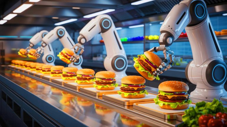 Illustration de robots assemblant des burgers en un temps record dans un restaurant automatisé (création par IA, non réaliste). Crédit : Ideogram