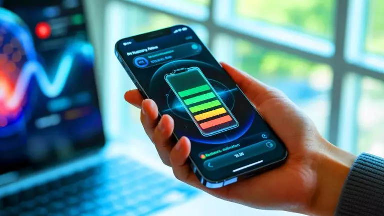 Illustration de la gestion intelligente de l'autonomie de la batterie par iOS 19. Image réalisée par IA.