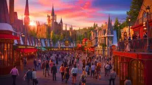 Illustration de l'attraction "Harry Potter and the Battle at the Ministry" dans le parc Universal Epic Universe (création par IA, illustration non réaliste). Crédit : Ideogram.