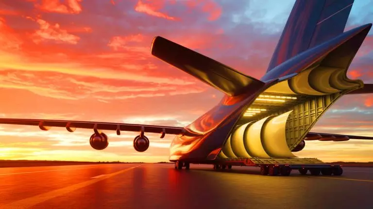 Illustration de l'avion géant WindRunner conçu pour transporter des pales d'éoliennes de 105 mètres. Image réalisée par IA.