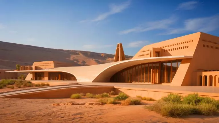 Illustration du musée du patrimoine Asaan Misk fusionnant tradition et modernité. Image réalisée par IA.