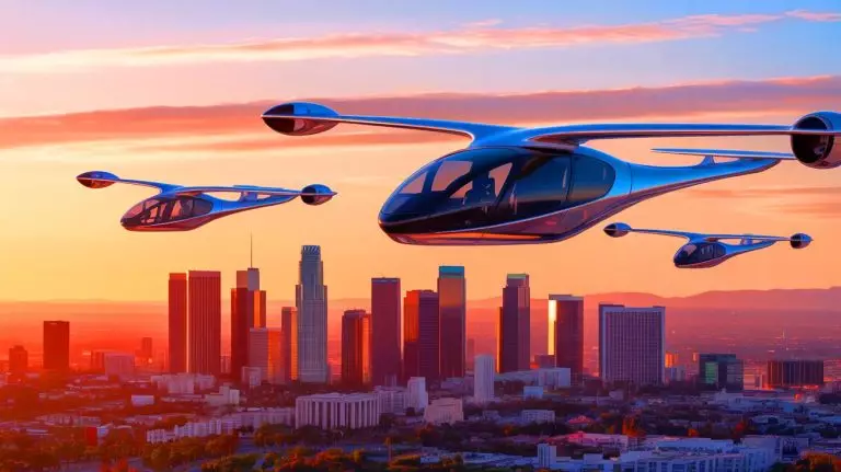 Voler au-dessus des embouteillages : ce taxi aérien américain devrait révolutionner la mobilité lors des JO de Los Angeles Illustration de taxis volants électriques prêts à survoler Los Angeles lors des Jeux Olympiques de 2028. Image réalisée par IA.
