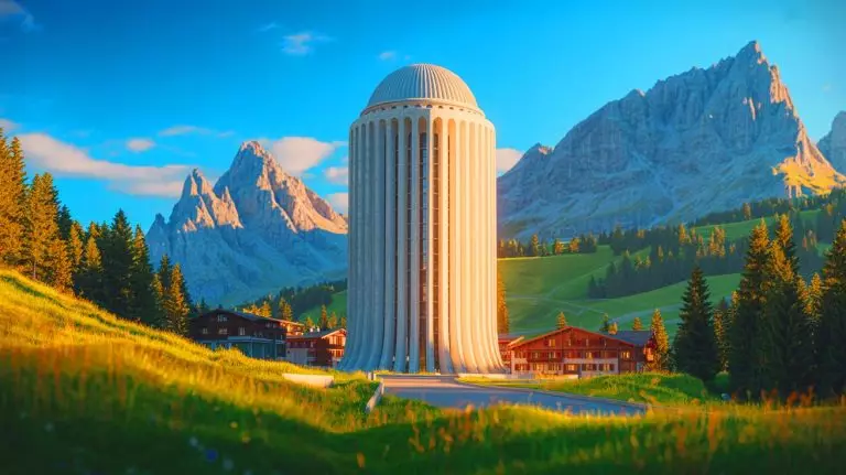 Illustration de la Tour Blanche à Mulegns, le plus haut bâtiment imprimé en 3D au monde. Image réalisée par IA.