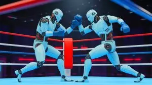 Illustration de robots humanoïdes en plein match de boxe. Image réalisée par IA.