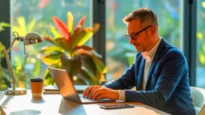 Illustration de la reconversion professionnelle d'un cadre en freelance à 50 ans. Image réalisée par IA.