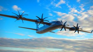 Illustration de l'avion à hydrogène conceptuel d'Airbus avec quatre moteurs électriques. Image réalisée par IA.