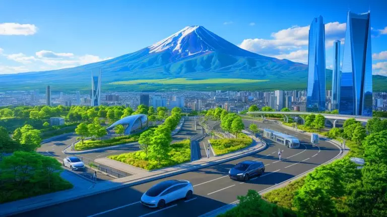 Illustration de Woven City, la ville intelligente au pied du Mont Fuji. Image réalisée par IA.