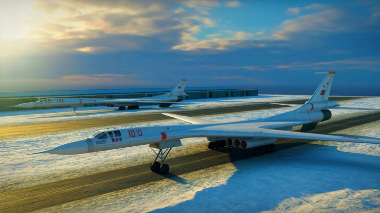 Illustration de bombardiers nucléaires Tu-160 repositionnés à la base d'Anadyr près de l'Alaska. Image réalisée par IA.