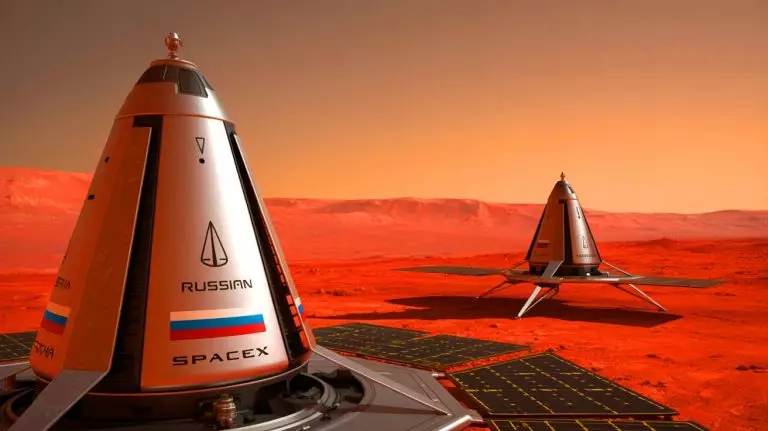 Illustration de la coopération entre la Russie et Elon Musk pour une mission martienne utilisant une centrale nucléaire. Image réalisée par IA.