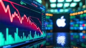 Illustration de la crise boursière d'Apple suite aux retards de Siri. Image réalisée par IA.