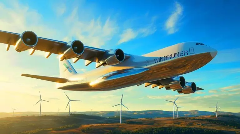 Illustration de l'avion cargo WindRunner conçu pour le transport d'éoliennes géantes. Image réalisée par IA.
