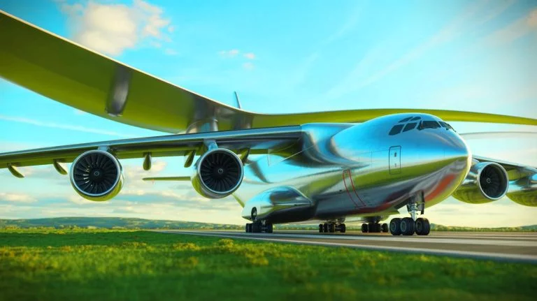 Illustration de l'avion cargo WindRunner transportant des éoliennes géantes. Image réalisée par IA.