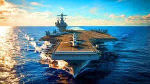 Illustration de l'USS Gerald R. Ford, le plus grand porte-avions du monde, symbole de puissance militaire. Image réalisée par IA.