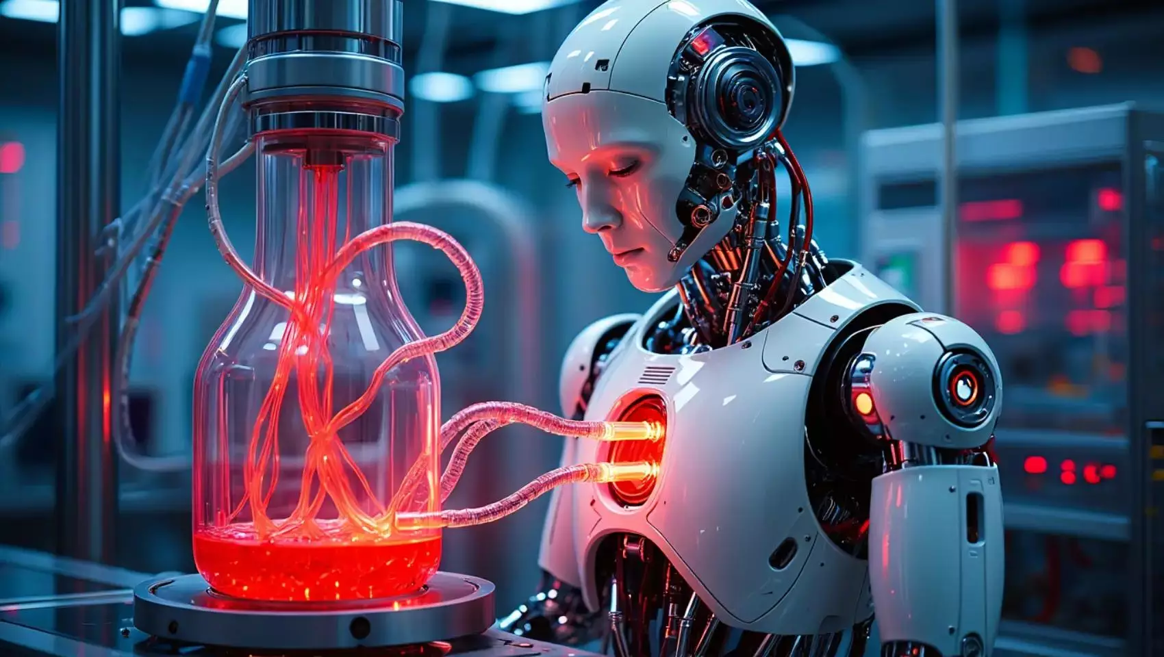 Automate avant-gardiste relié à une capsule de fluide sanguin synthétique rouge, représentant une idée novatrice d'énergie inspirée du biomimétisme.