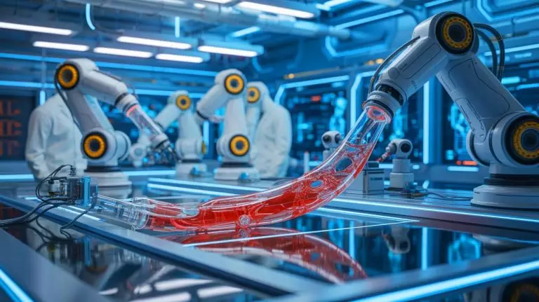 Illustration de sang artificiel alimentant des machines inspirées du corps humain. Image réalisée par IA.