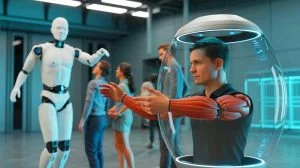 Illustration de la Capsule Interface d'H2L permettant de téléporter les mouvements humains vers des robots. Image réalisée par IA.