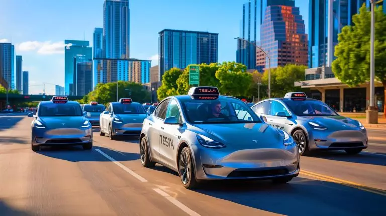 Illustration de robotaxis Tesla autonomes dans les rues d'Austin. Image réalisée par IA.