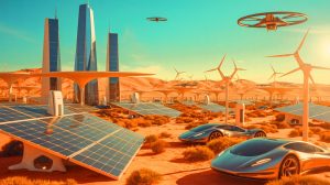 Illustration de la mégalopole futuriste Neom avec ses infrastructures ambitieuses. Image réalisée par IA.