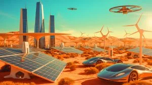 Illustration de la mégalopole futuriste Neom avec ses infrastructures ambitieuses. Image réalisée par IA.