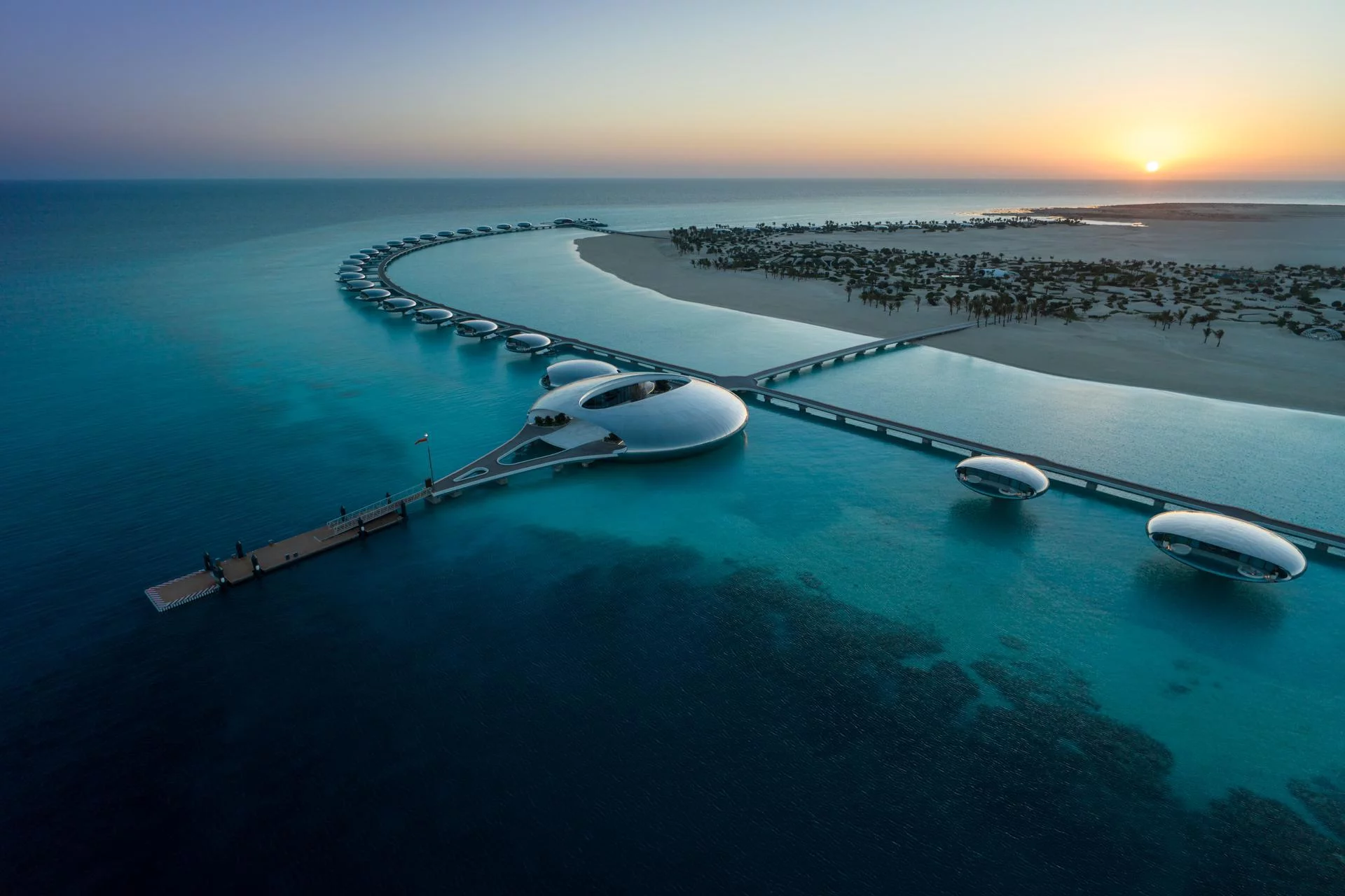 Le complexe Shebara se trouve en Arabie Saoudite et propose des résidences futuristes en forme de capsules d'acier émergeant de la mer Rouge