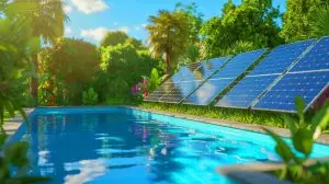 Illustration de panneaux solaires thermiques chauffant une piscine. Image réalisée par IA.
