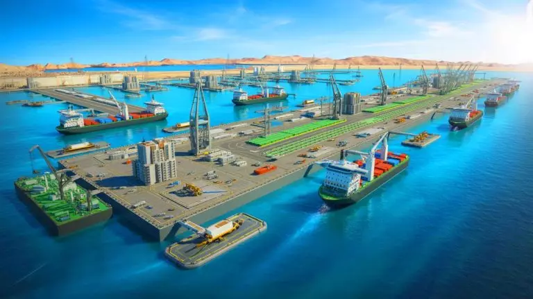 Illustration de l'innovant port flottant d'Oxagon en Arabie Saoudite, intégrant des technologies avancées et durables. Image réalisée par IA.