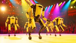 Illustration de robots Spot de Boston Dynamics exécutant une chorégraphie sur scène. Image réalisée par IA.
