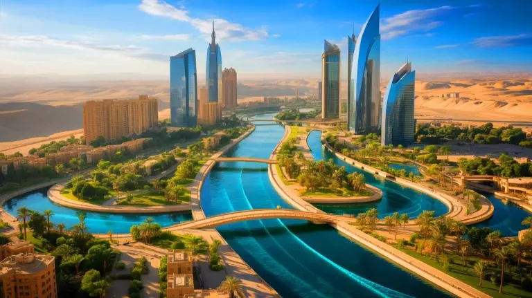 Illustration de la ville de Jirian, projet urbain au cœur du désert égyptien. Image réalisée par IA.
