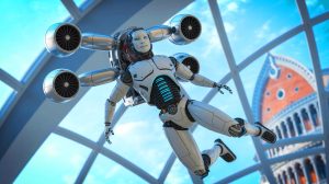 Illustration de l'iRonCub3, le premier robot humanoïde propulsé par des moteurs à réaction. Image réalisée par IA.