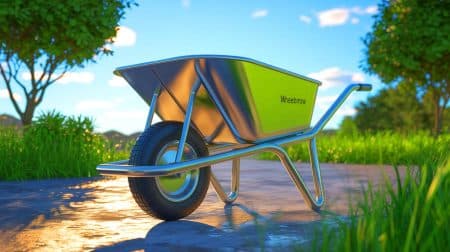 Illustration de la brouette Gravilez avec son système de déversement innovant. Image réalisée par IA.
