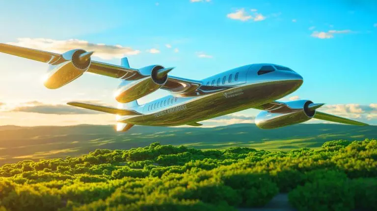 Illustration de la nouvelle architecture d'avion hybride proposée par Helix pour réduire la consommation de carburant. Image réalisée par IA.