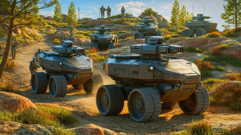 Illustration de l'inefficacité des robots de combat terrestres dans l'armée française. Image réalisée par IA.