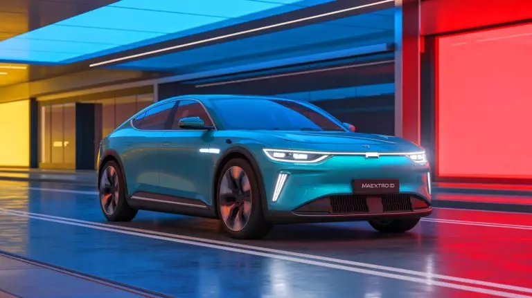 Illustration de la Maextro S800, un véhicule électrique innovant avec des caractéristiques technologiques avancées. Image réalisée par IA.