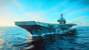 Illustration de la vision futuriste d'un porte-avions à propulsion nucléaire pour la marine italienne. Image réalisée par IA.