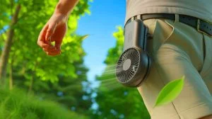 Illustration de Breeze, le ventilateur portable fixé à la ceinture. Image réalisée par IA.