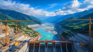 Illustration de la construction du barrage de Motuo sur le fleuve Yarlung Tsangpo au Tibet. Image réalisée par IA.