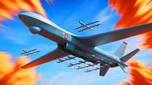 Illustration de l'imposant porte-drones chinois Jiu Tian, capable de transporter et lancer des essaims de drones. Image réalisée par IA.