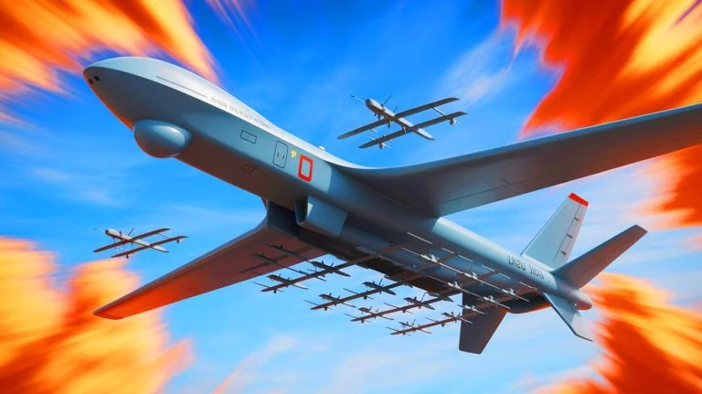 Illustration de l'imposant porte-drones chinois Jiu Tian, capable de transporter et lancer des essaims de drones. Image réalisée par IA.