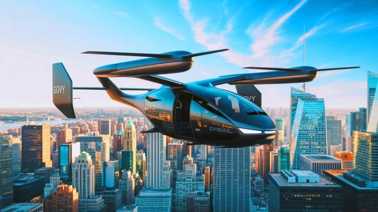 Illustration de l'eVTOL biplace Govy AirCab du Groupe GAC présenté lors de l'Exposition internationale de Hong Kong. Image réalisée par IA.