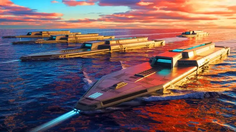 Illustration de navires nucléaires américano-britanniques capables de naviguer dix ans sans ravitaillement. Image réalisée par IA.