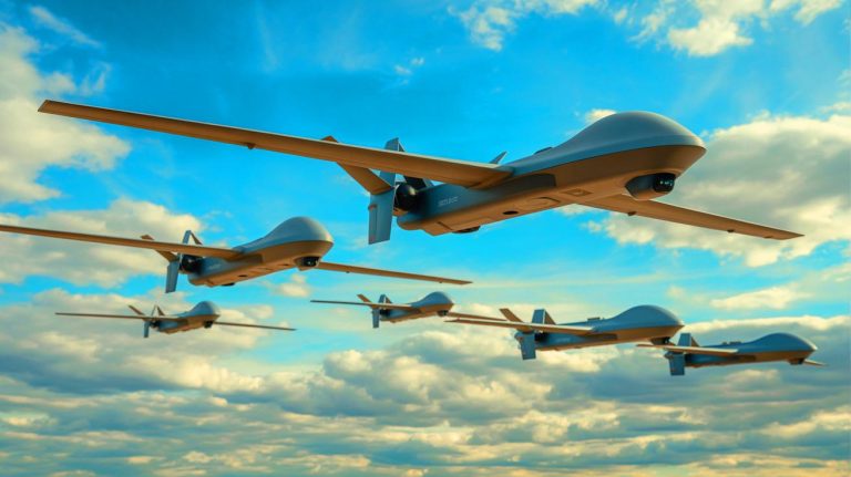 Illustration de drones autonomes de nouvelle génération présentés au Salon du Bourget. Image réalisée par IA.