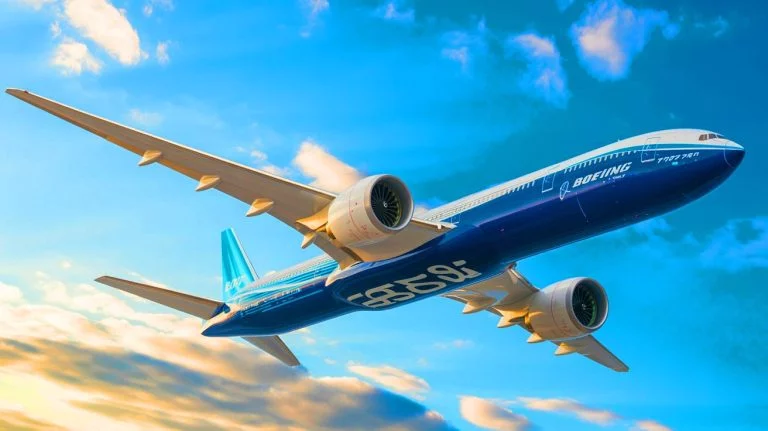 Illustration de l'avion Boeing 777-9 en vol. Image réalisée par IA.