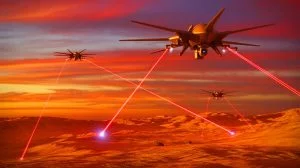 Illustration de la transmission d'énergie par faisceau laser à travers des drones relais. Image réalisée par IA.