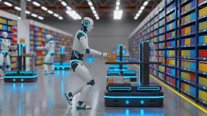 Illustration de robots humanoïdes évoluant dans un environnement de logistique et de commerce de détail. Image réalisée par IA.