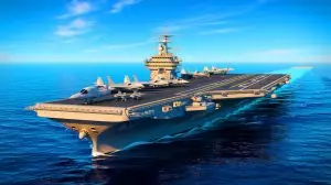 Illustration du futur porte-avion français, le plus grand d'Europe, avec une propulsion nucléaire. Image réalisée par IA.