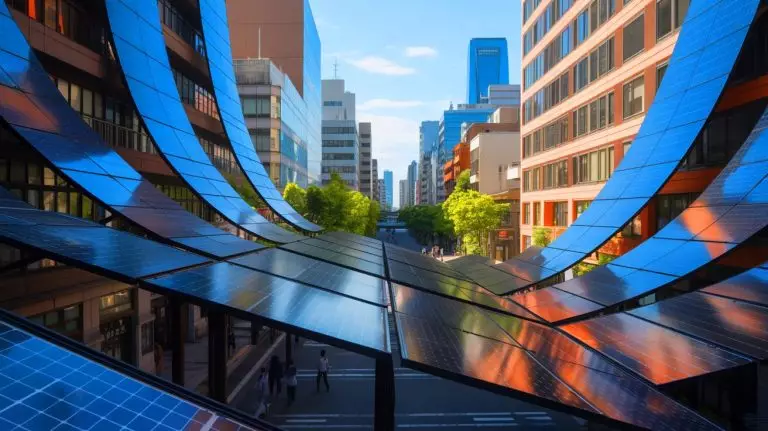 Illustration de panneaux solaires en pérovskite sur des infrastructures au Japon. Image réalisée par IA.