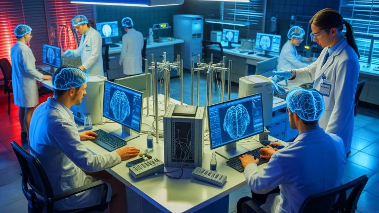 Illustration de la technologie de profilage des oscillations cérébrales utilisée en Inde pour résoudre des crimes. Image réalisée par IA.