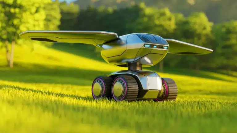 « Ce robot vole et roule avec seulement deux moteurs » : une ingéniosité mécanique qui stupéfie les chercheurs Illustration de la dualité fonctionnelle du robot ATOM combinant vol et mouvement au sol. Image réalisée par IA.