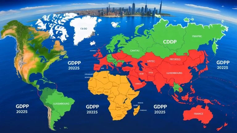 La stupéfaction mondiale : découvrez comment la France est dépassée par 23 pays dans le classement des nations les plus riches de la planète Illustration de la France rétrogradée à la 24e place des pays les plus riches, mettant en lumière la montée de petites nations et pays pétroliers. Image réalisée par IA.